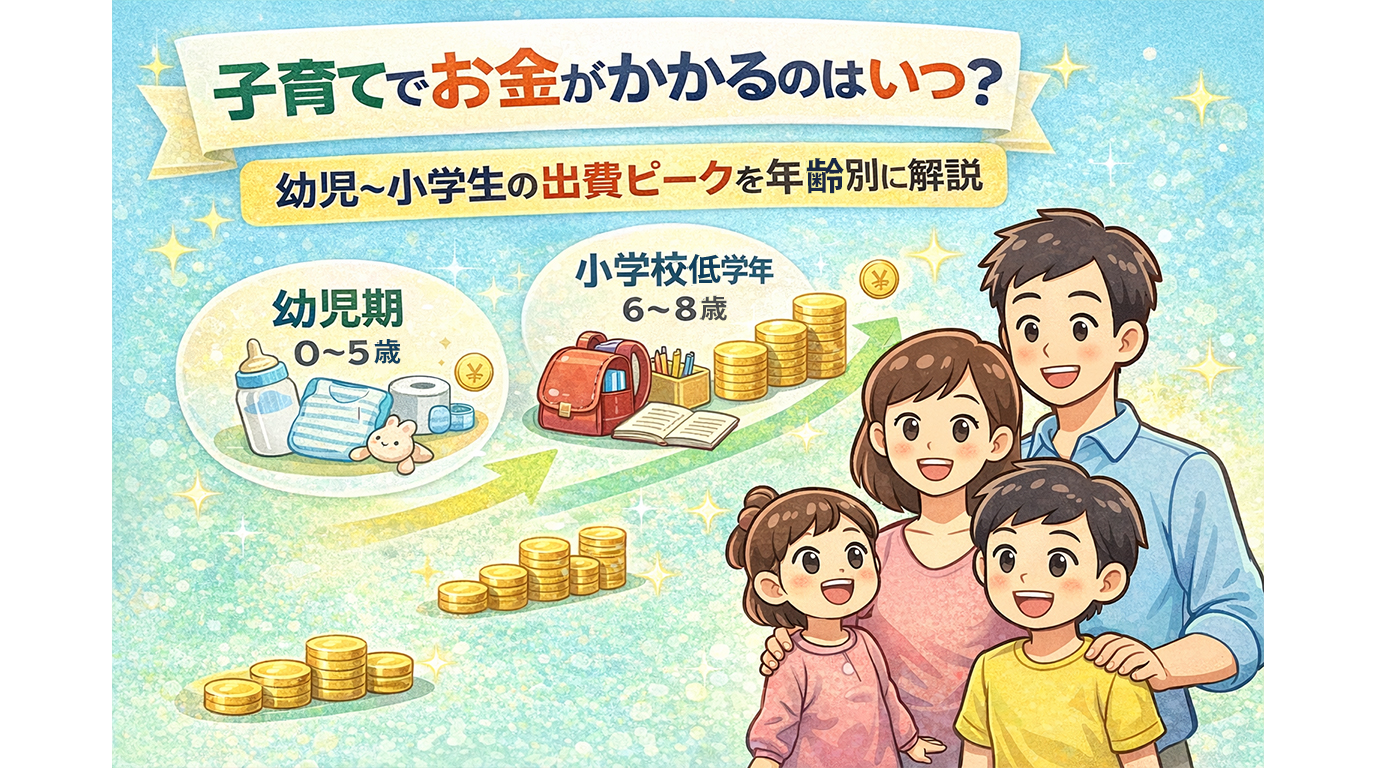 子育てでお金がかかる時期を幼児から小学生まで年齢別に示した出費ピークのイラスト