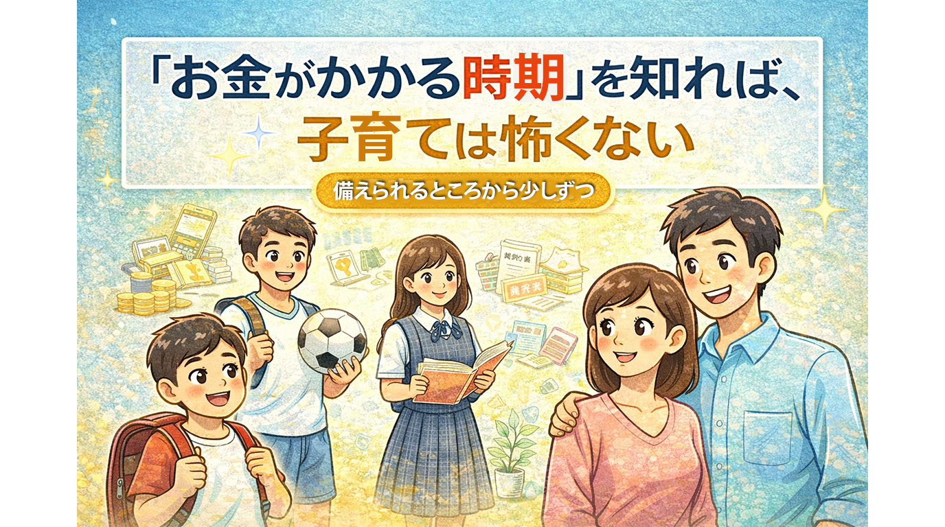 子育てでお金がかかる時期を理解すれば不安が減ることを表した家族イラスト