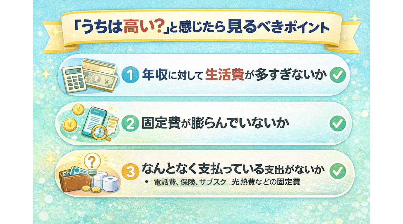 子育て世帯の生活費で差が出やすい項目（食費・教育費・通信費）を示した図解