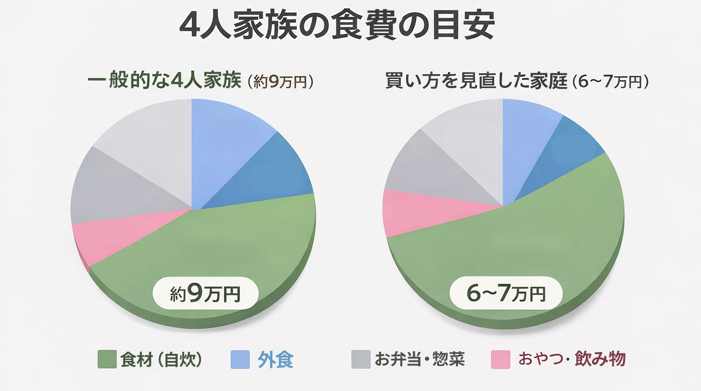 4人家族の食費の目安｜一般家庭と節約家庭の比較