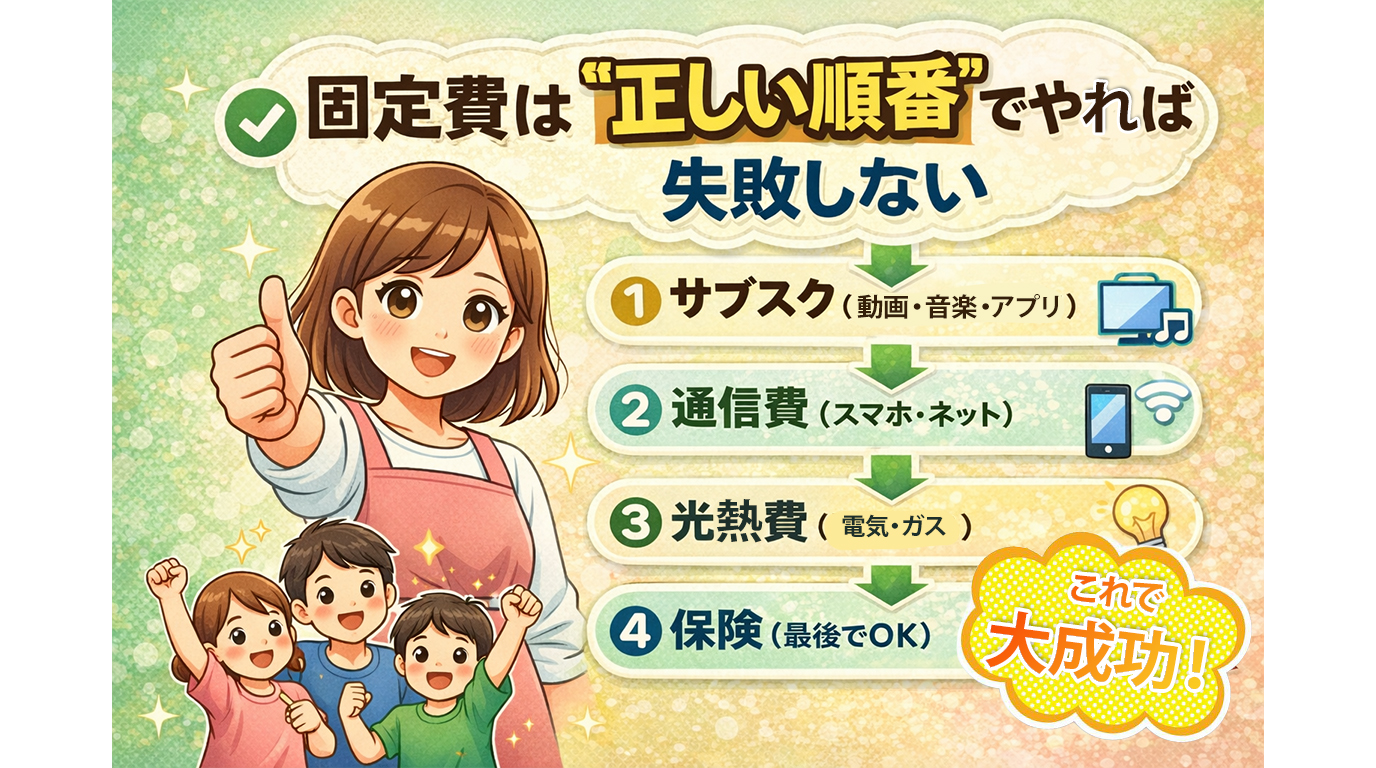 固定費を正しい順番で見直すことで家計改善に成功するイメージイラスト(サブスク・通信費・光熱費・保険)