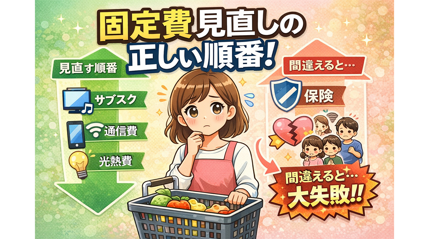 固定費を見直す正しい順番をやさしく解説したイラスト（通信費・光熱費・保険・サブスク）