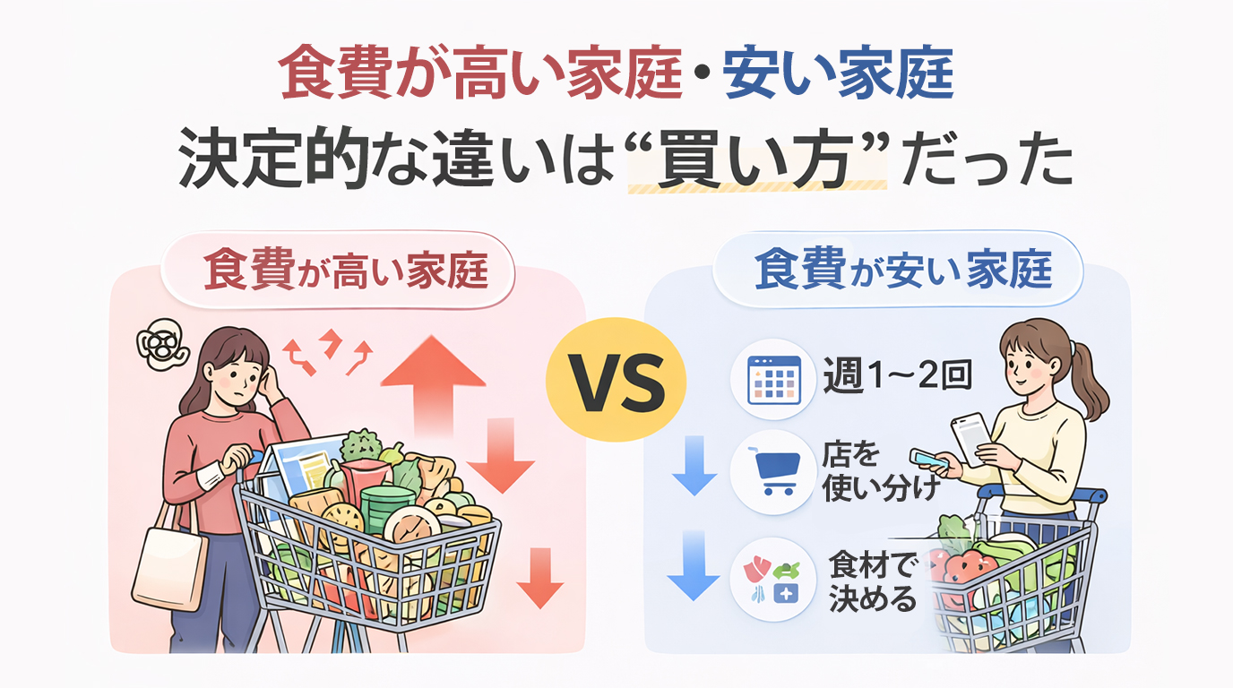 食費が高い家庭と安い家庭の買い物の違いを比較したイラスト