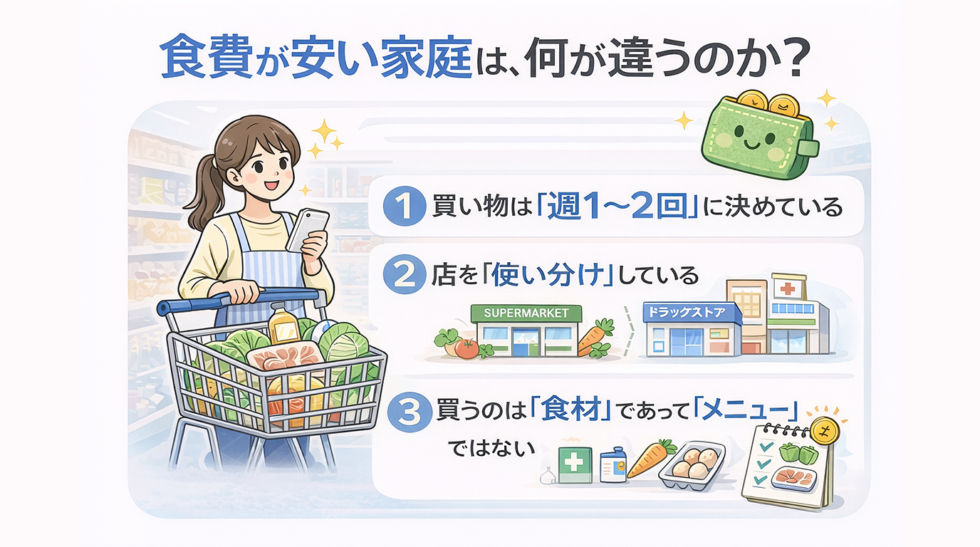 食費が安い家庭が実践している買い物の3つの習慣（週1〜2回のまとめ買い・店の使い分け・食材ベースで選ぶ）