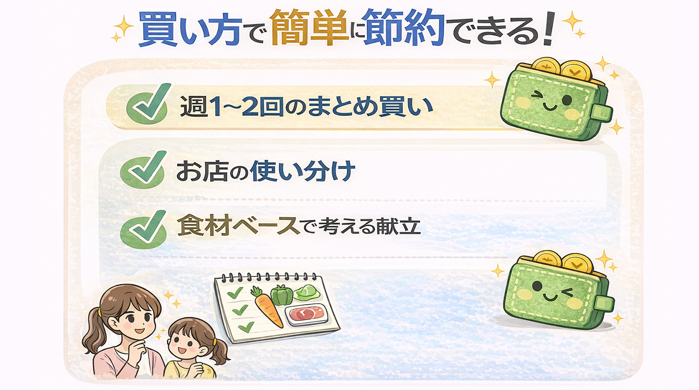 買い方を見直して食費を簡単に節約するための3つのポイントをまとめた図