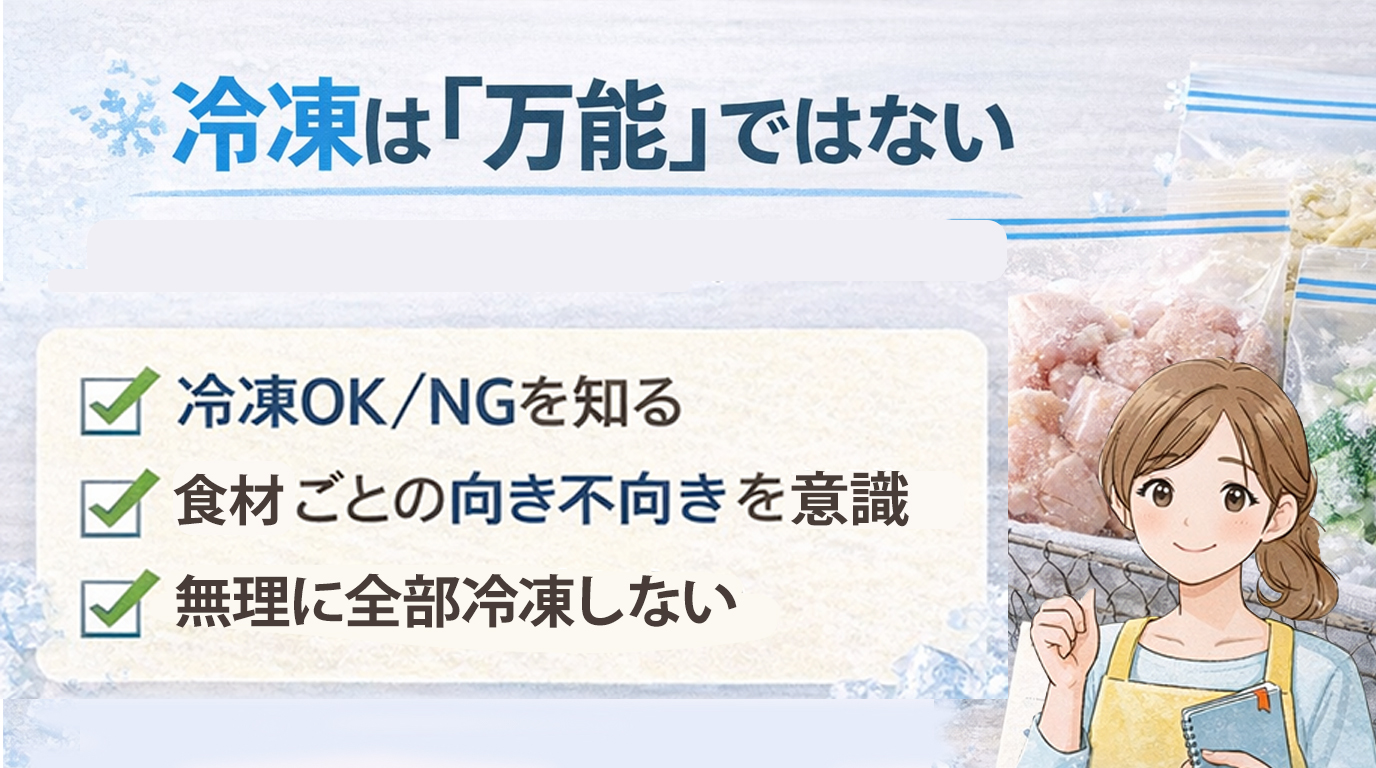 冷凍は万能ではないことを伝える、冷凍OK・NGを意識した食品保存のイメージ