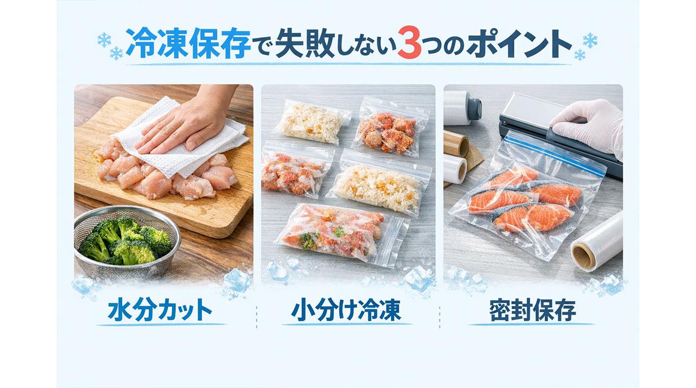冷凍保存で失敗しないための水分対策・小分け・空気遮断の3つの基本ポイントを示したイラスト