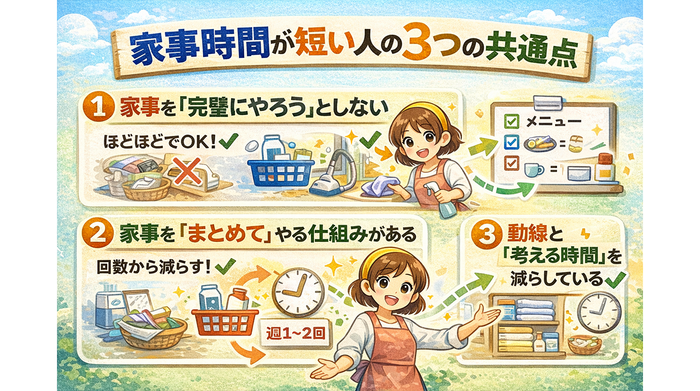 家事時間が短い人に共通する3つのポイントを分かりやすく解説したイラスト