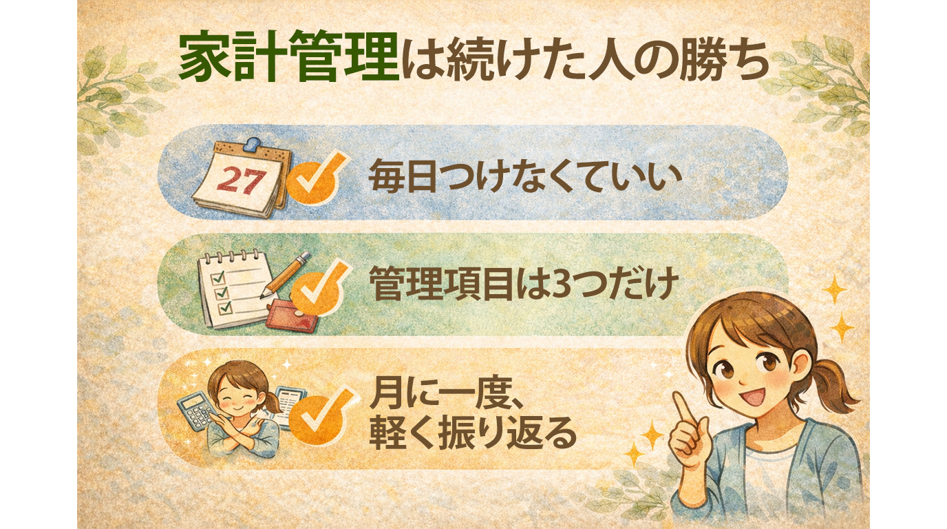 家計管理を無理なく続けるポイントを、チェックマークやカレンダー、家計アイテムで表した文字なしイラスト