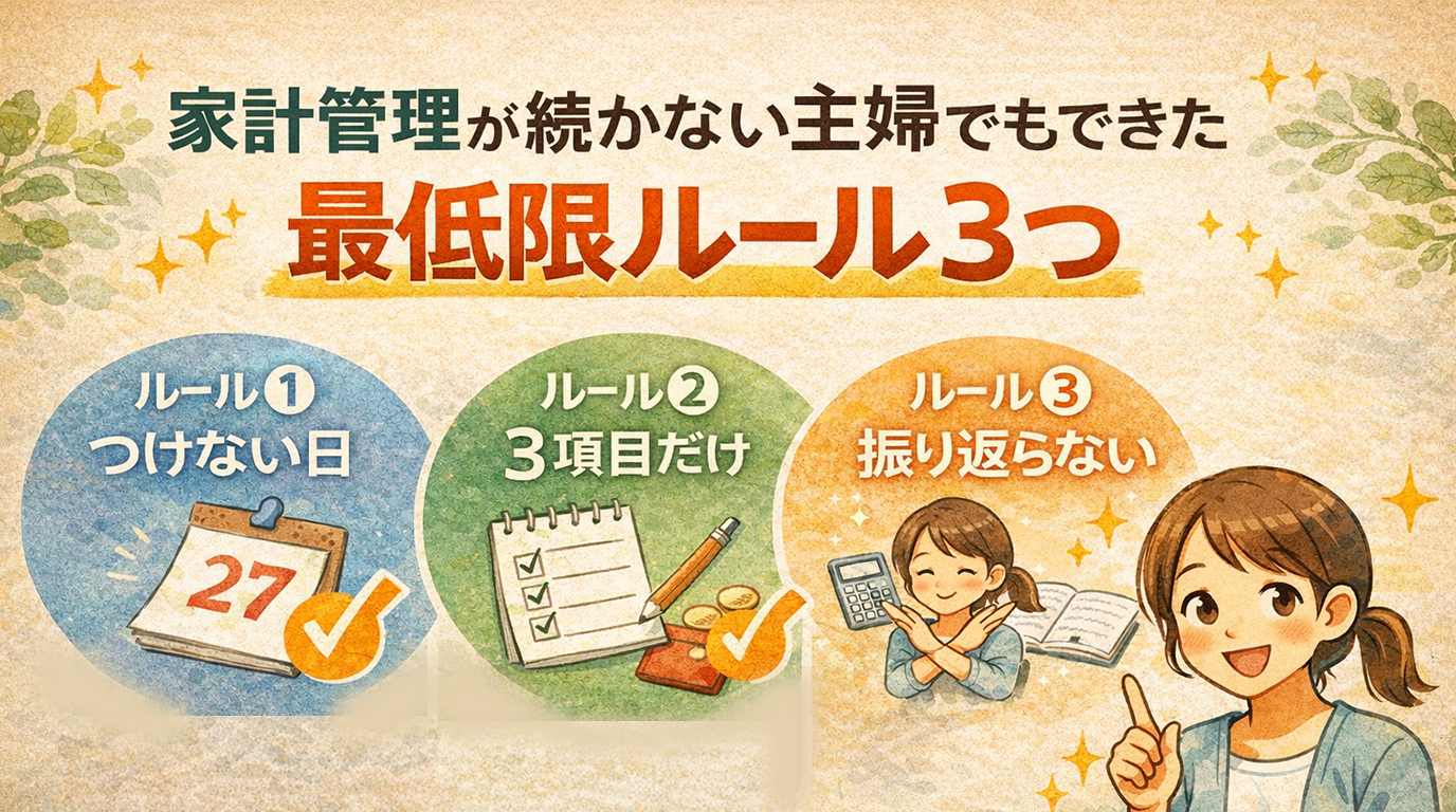 家計管理が続かない主婦でも実践できた、家計簿はつけない日があっていい・管理は3項目だけ・振り返ることを大切にする最低限ルール3つをまとめた図解イラスト
