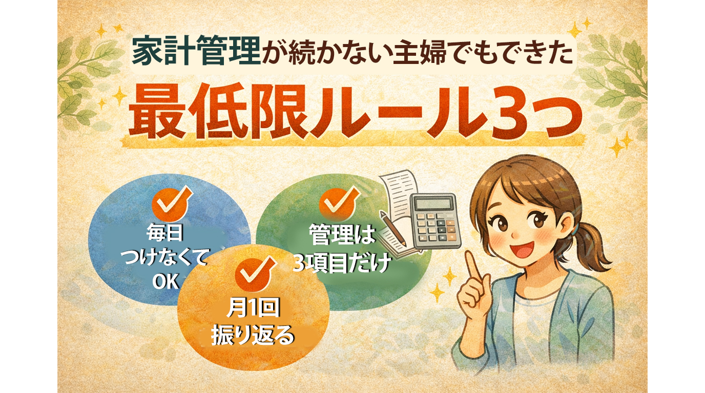 家計管理が続かない主婦でも実践できた、毎日つけなくてOK・管理は3項目・月1回振り返るという最低限ルール3つを紹介するイラスト