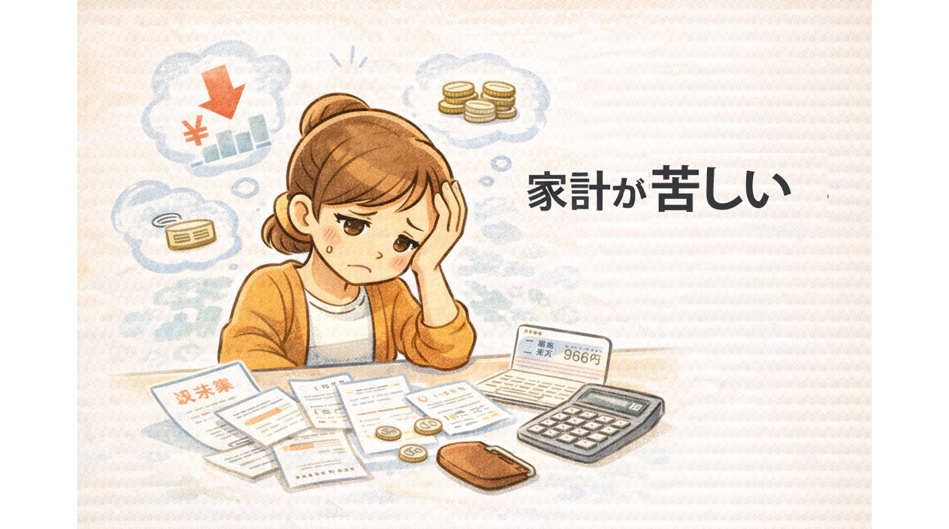 家計が苦しく、支出や請求書を前に悩む主婦の様子を表したイラスト