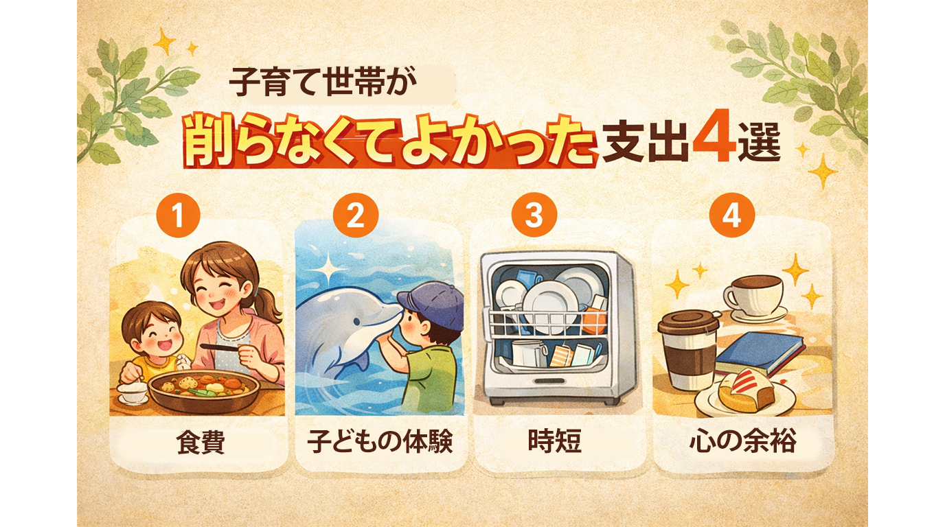 子育て世帯が節約の中で削らなくてよかったと感じた、食費の質、子どもの体験、時短、心の余裕につながる支出を4つに整理したイラスト
