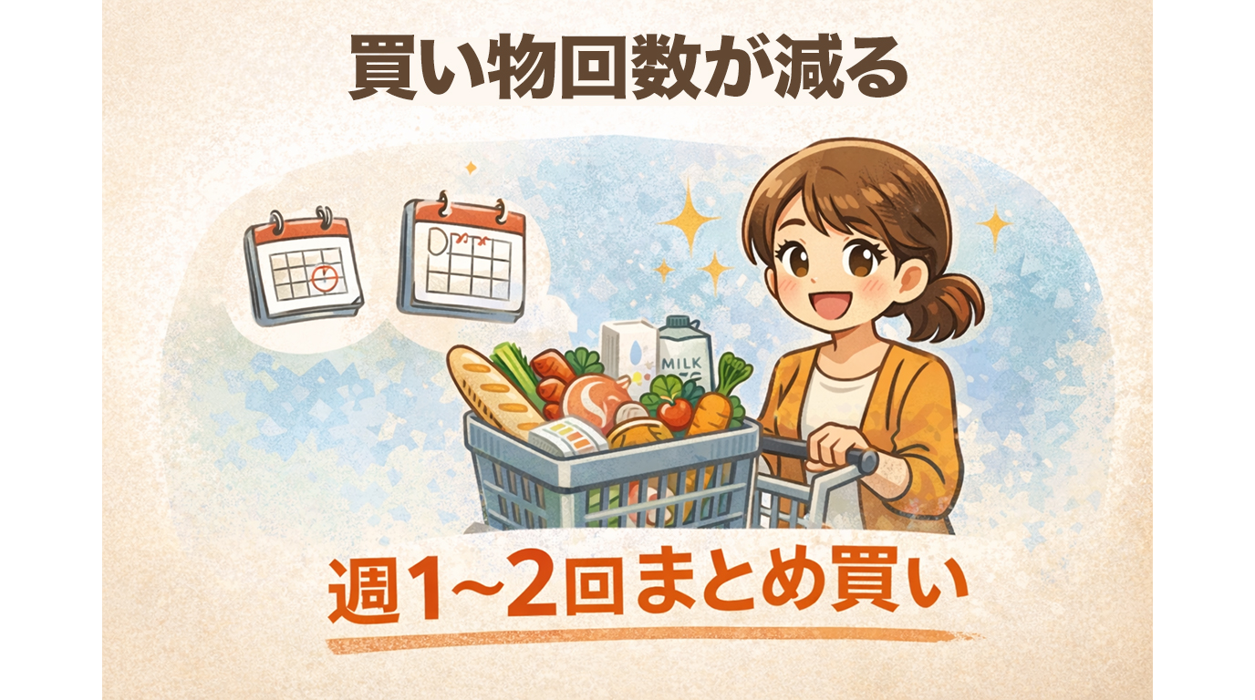 献立が決まっていることで週1〜2回のまとめ買いで済み、買い物回数が減る様子