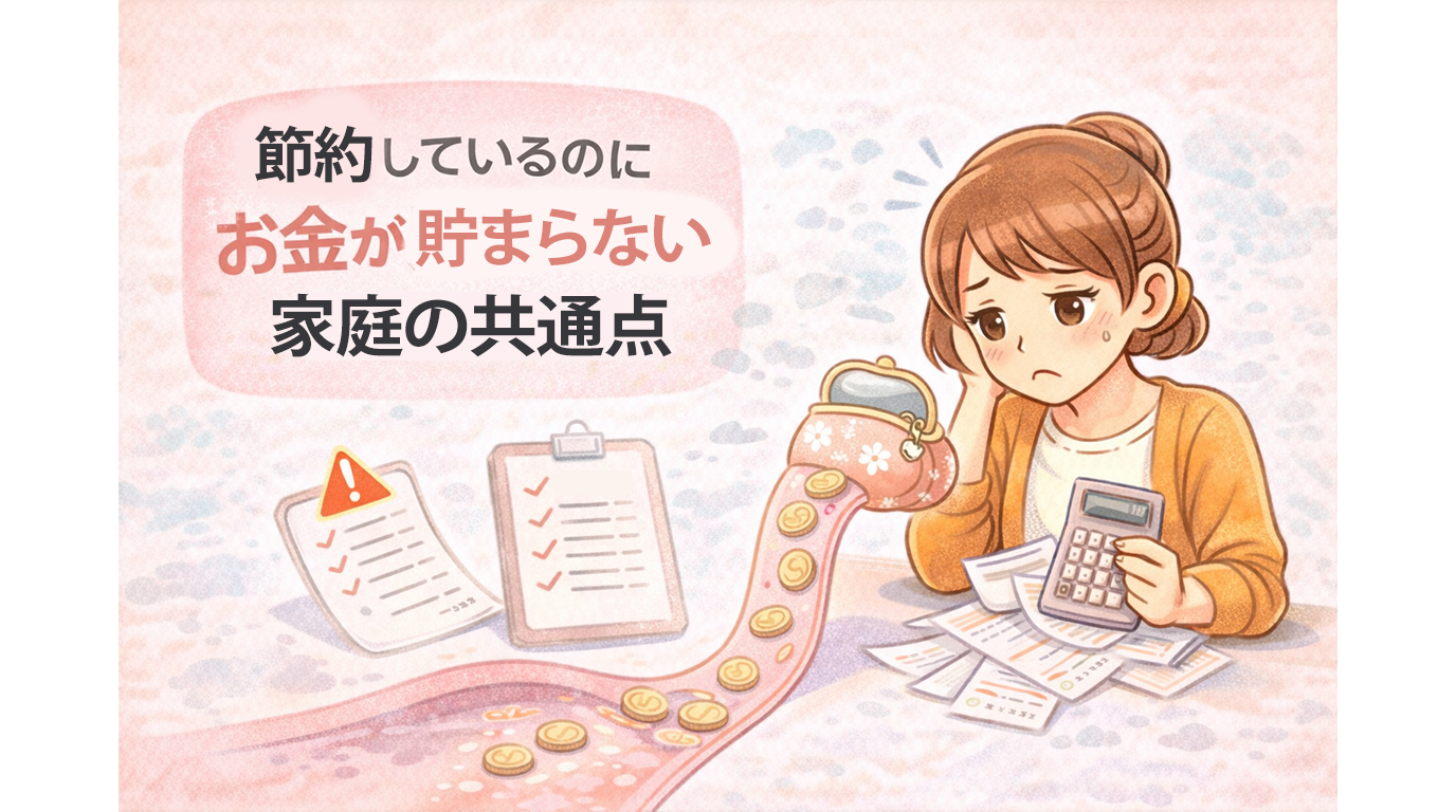節約しているのにお金が貯まらず、家計に悩む家庭のイメージイラスト