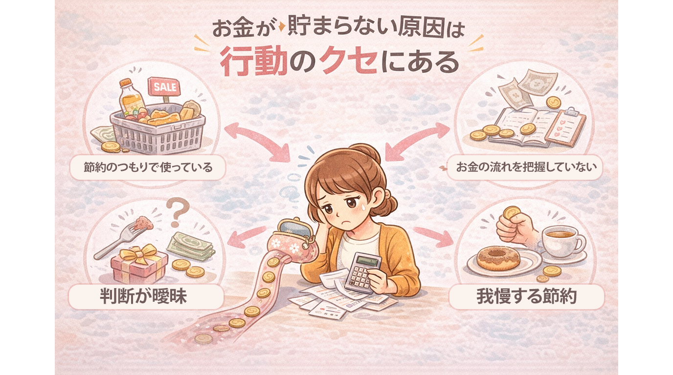 お金が貯まらない原因が行動のクセにあることを、買い物や家計管理の例で示したイラスト