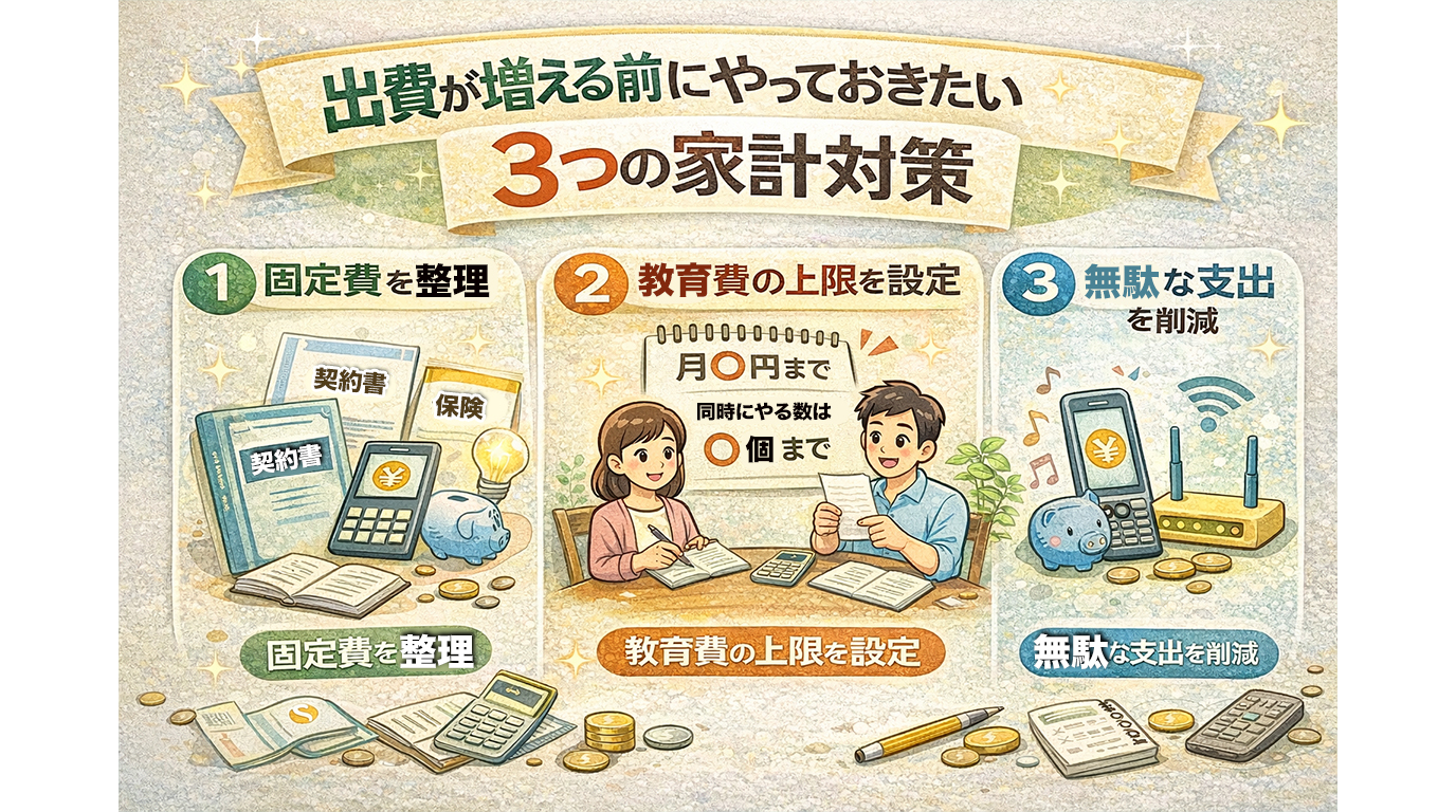 出費が増える前にやっておきたい3つの家計対策(固定費整理・教育費の上限設定・無駄な支出削減)