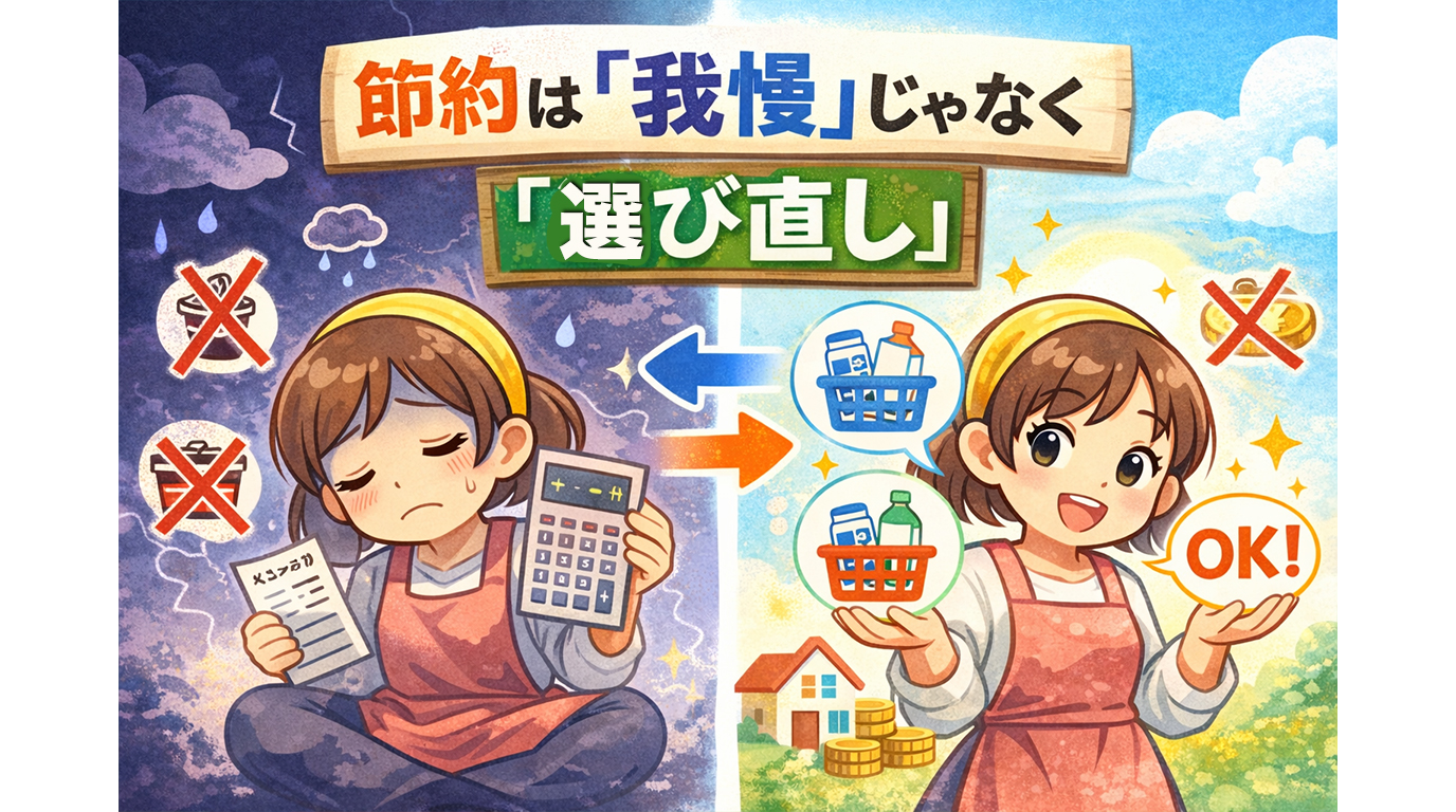 節約は我慢ではなくお金の使い方を選び直すことを表した主婦のイラスト