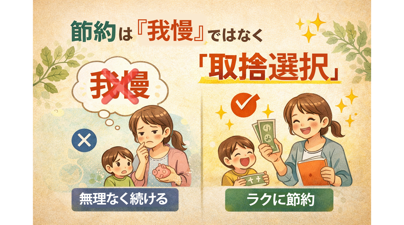節約は我慢ではなく取捨選択で続けることを伝える、子育て世帯の親子を描いたイラスト