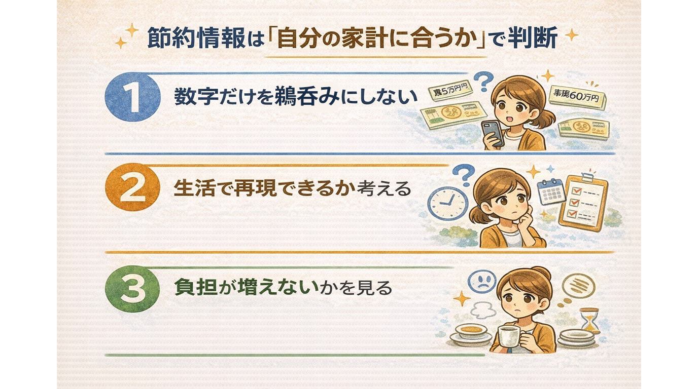 節約情報は自分の家計に合うかで判断し、数字だけを鵜呑みにせず再現性や負担の大きさを見ることを示した図解
