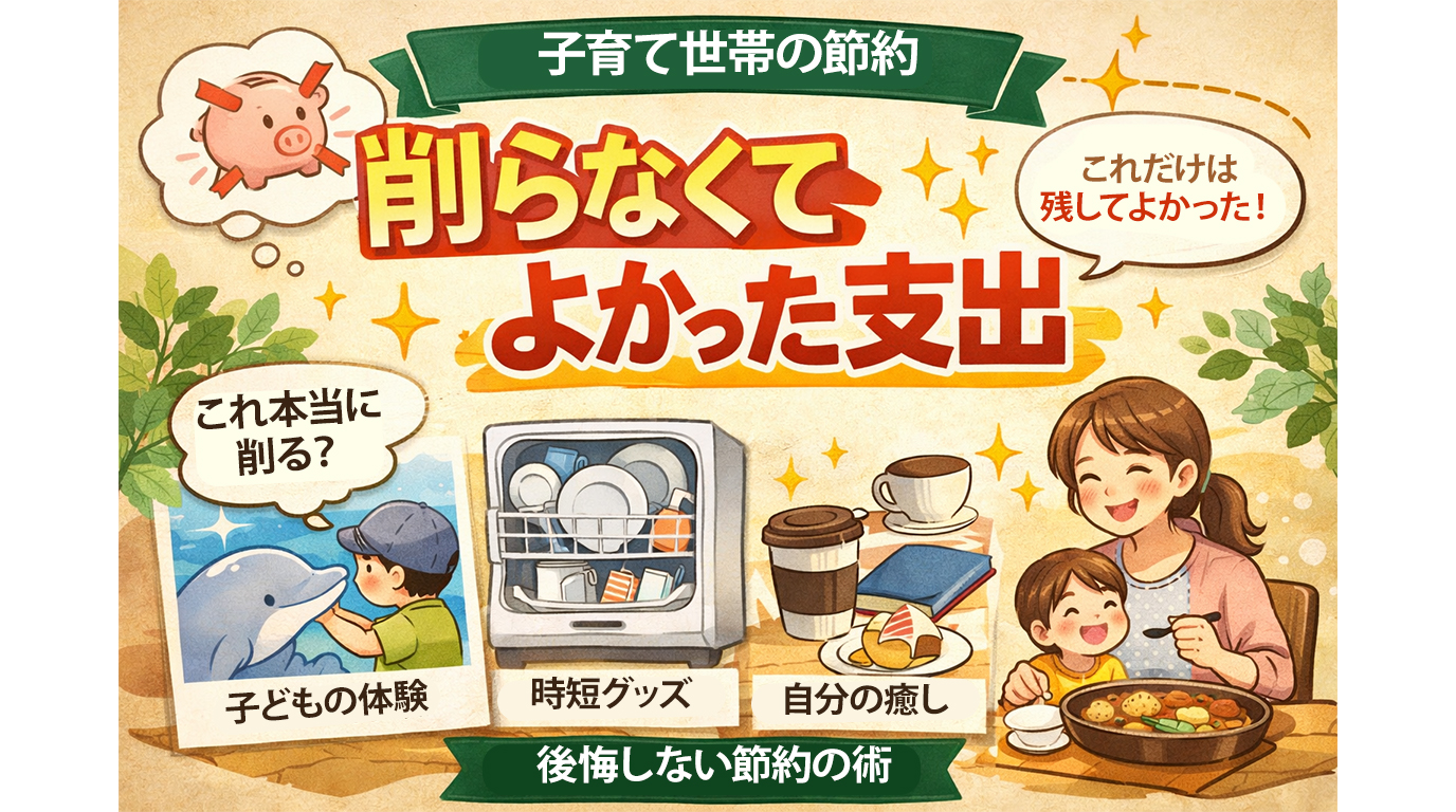 子育て世帯が節約の中で削らなくてよかったと感じた、子どもの体験や時短、心の余裕につながる支出を表したイラスト