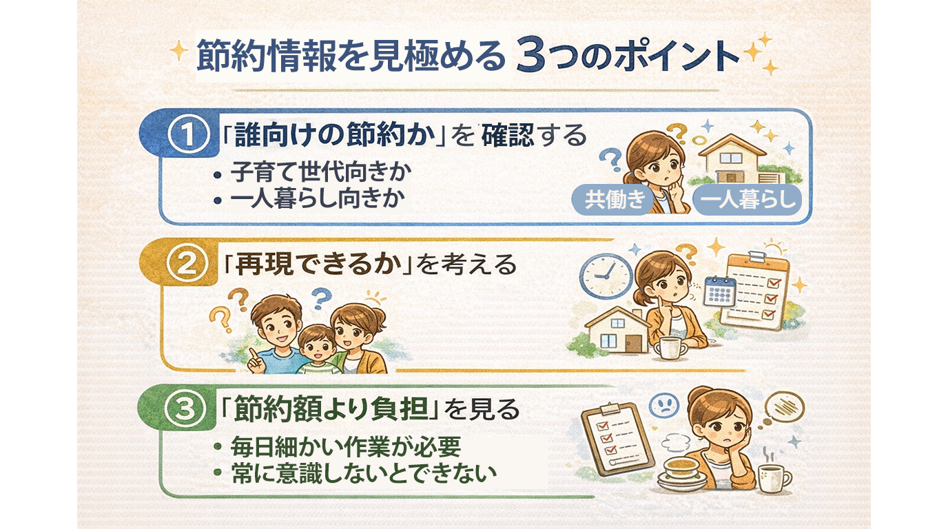 節約情報を見極めるために、誰向けの節約か、再現できるか、節約額より負担が大きくないかの3点を整理した図解
