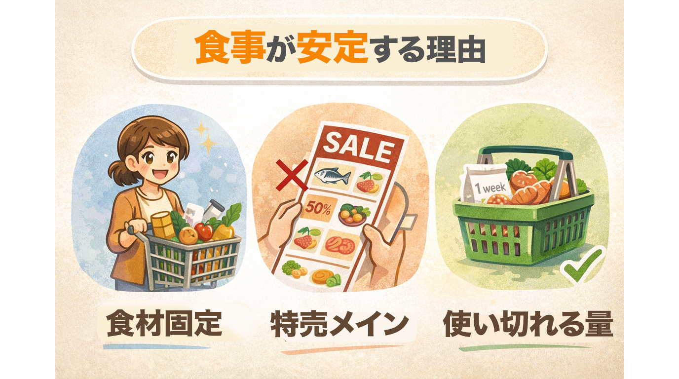献立を考えないことで食材が固定され、特売に振り回されず、必要な量だけ買えるようになるイメージ