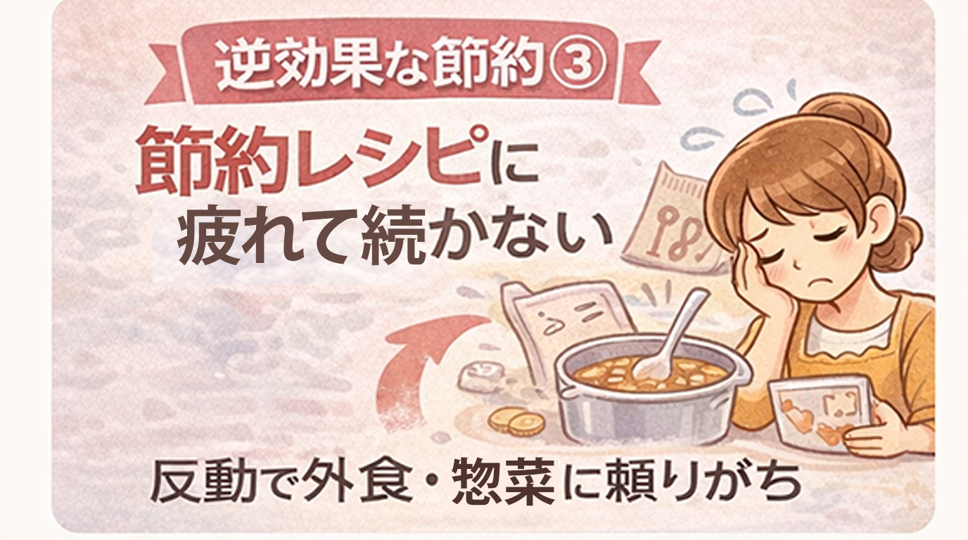 食べたいものを我慢する節約がストレスとなり、反動で食費が戻りやすい様子を表したイラスト