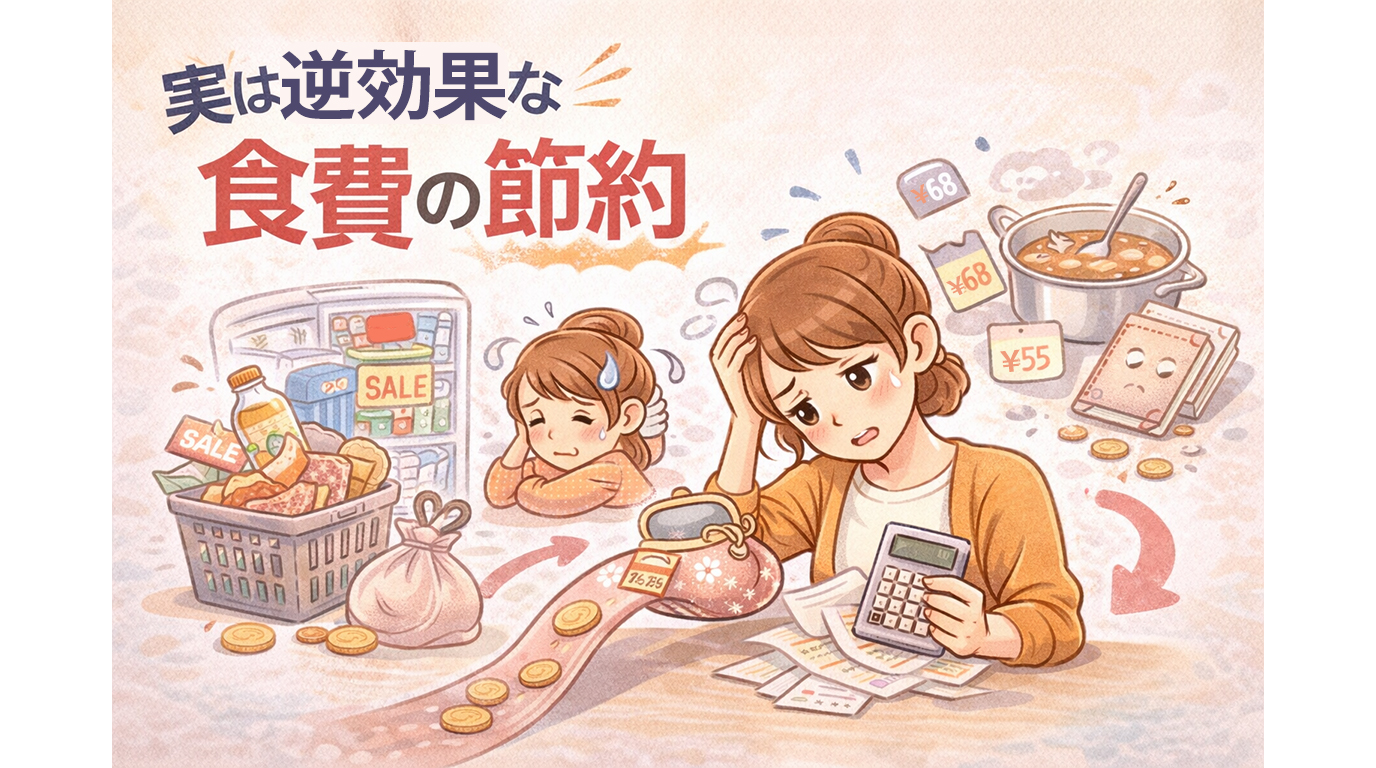 食費を節約しているつもりでも、やり方次第で逆効果になってしまう様子を表したイラスト