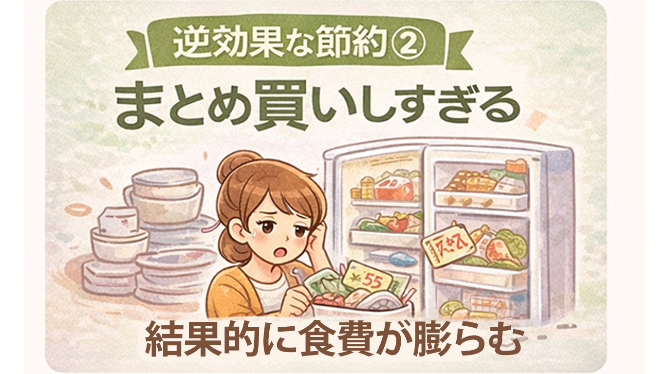まとめ買いをしすぎて食材を使い切れず、食費が膨らんでしまう様子を表したイラスト