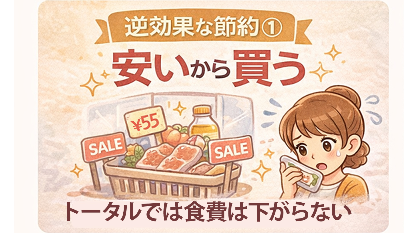 安いからという理由で食材を買ってしまい、結果的に食費が下がらない様子を表したイラスト