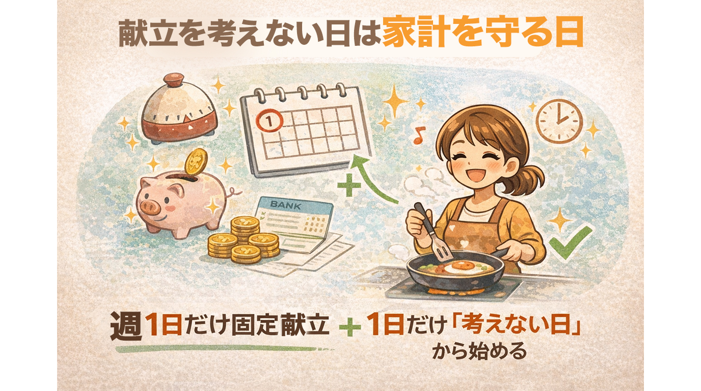 週1日の固定献立を取り入れて食費を管理し、家計を守る主婦のイメージ