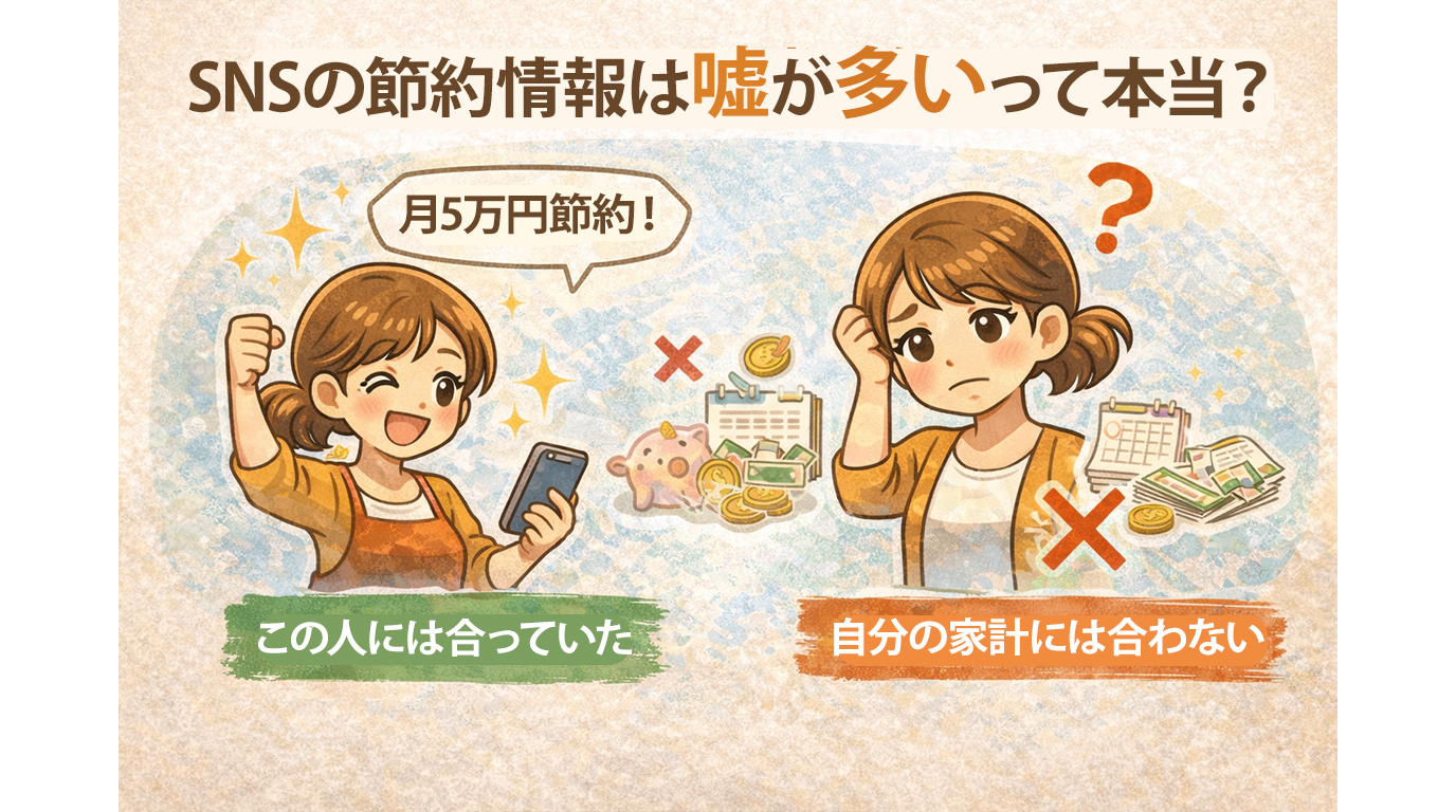 SNSの節約術が家庭によって効果に差が出ることを示すイラスト