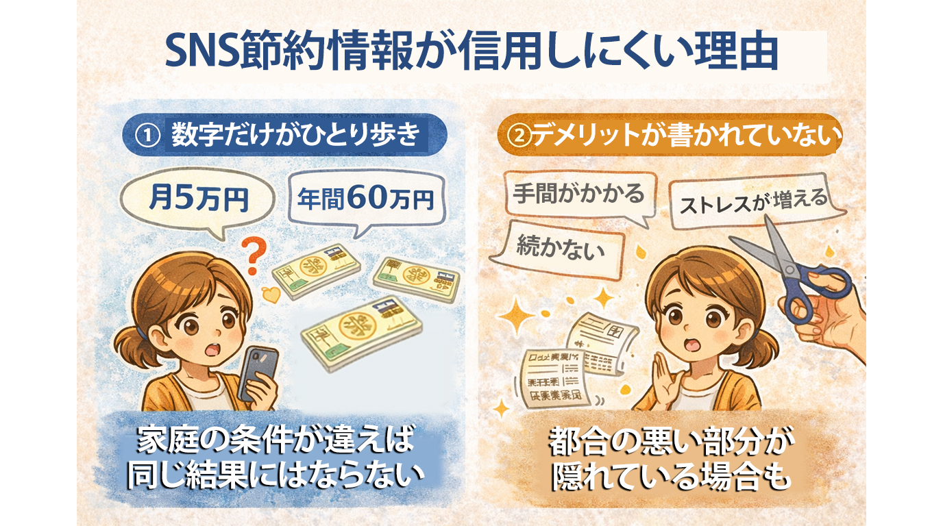 SNSの節約情報が信用しにくい理由として、数字だけが一人歩きしている点とデメリットが省略されがちな点を示した図解