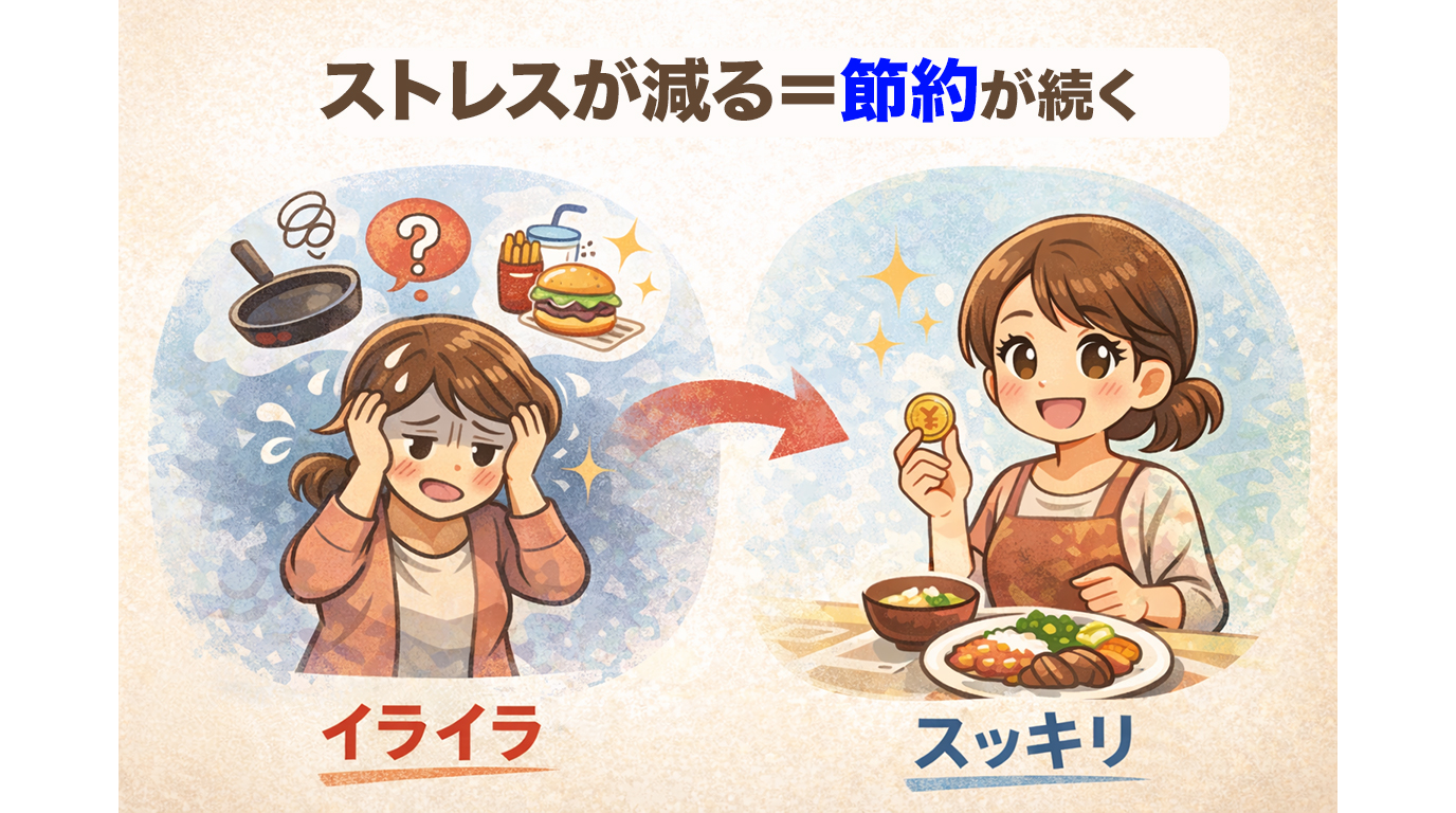 献立が決まっていることで週1〜2回のまとめ買いで済み、買い物回数が減る様子