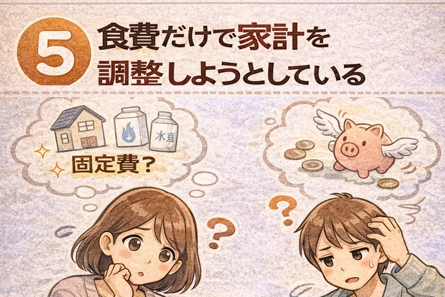 食費を削ることで家計全体を何とかしようとして悩んでいる子育て世帯の様子を表したイラスト