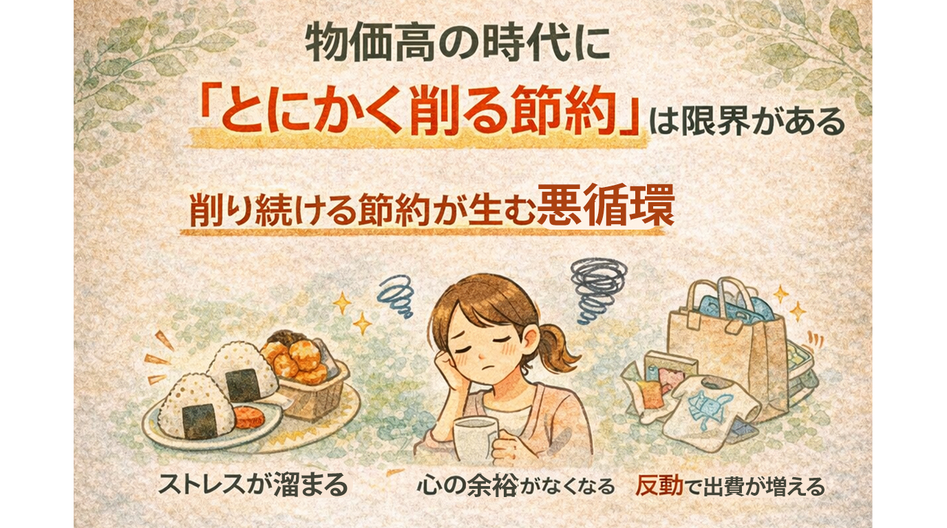 物価高の時代にとにかく削る節約が限界を迎え、ストレスや反動出費の悪循環が生まれることと、納得できる節約が必要であることを示したイラスト