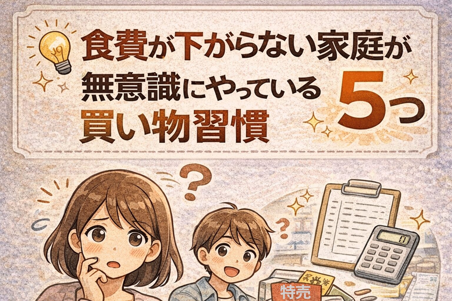 家族で食費を見直すために買い物内容を確認している様子を表したイラスト