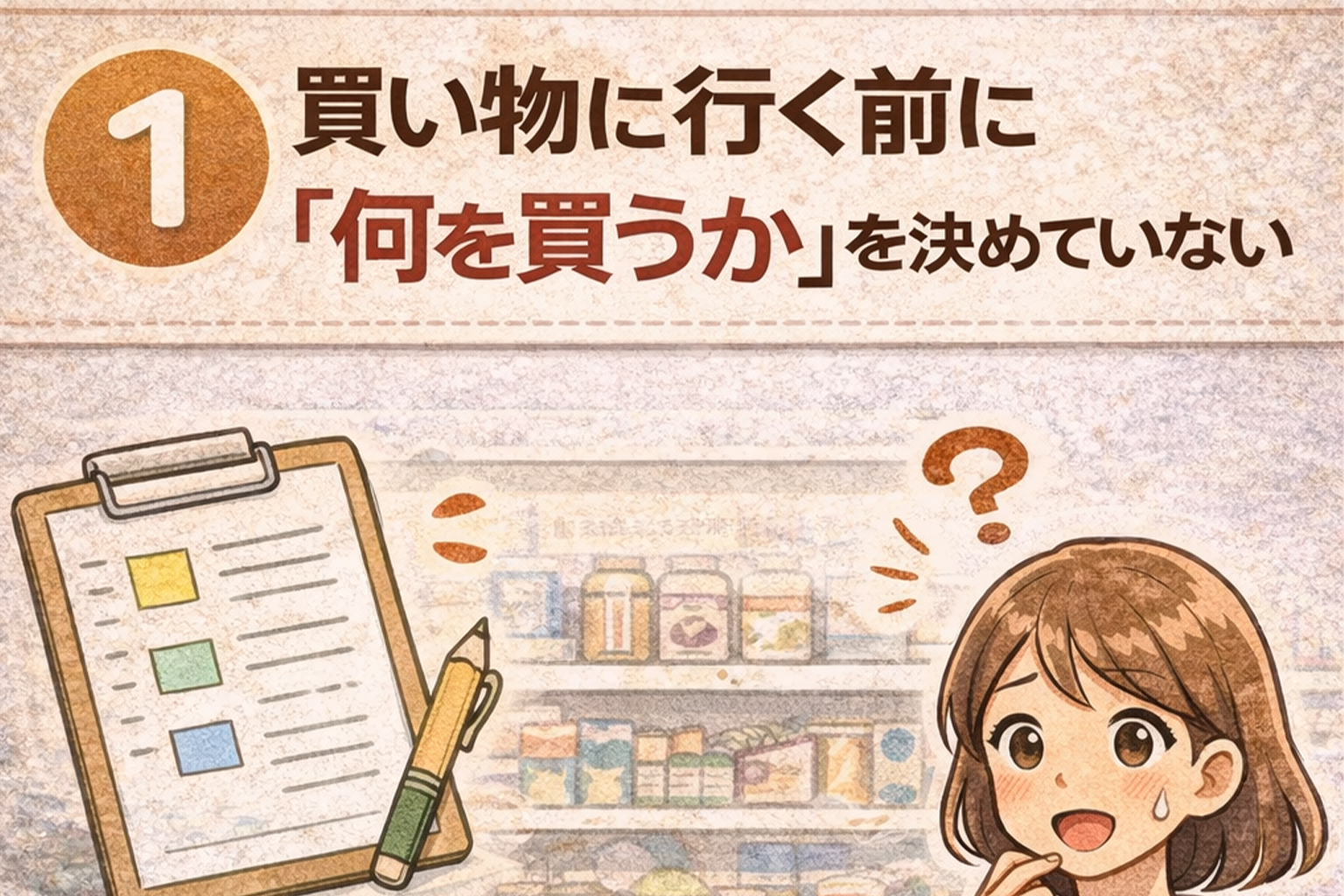 買い物に行く前に何を買うか決めておらず、スーパーで迷ってしまう子育て世帯の様子を表したイラスト