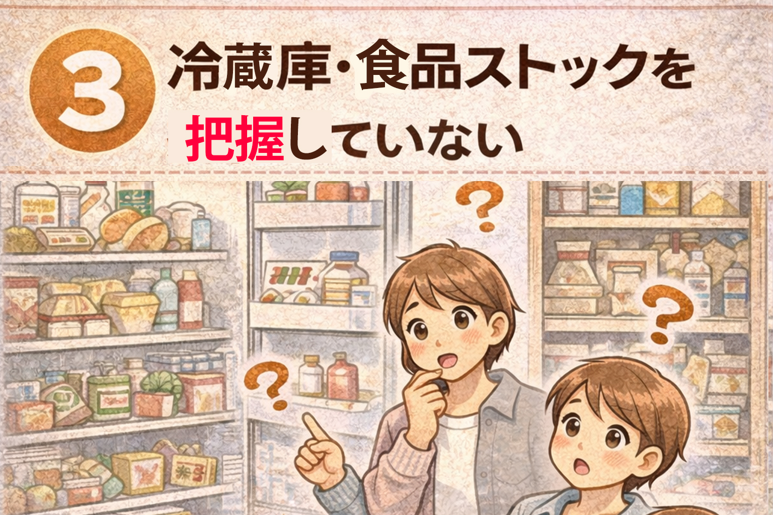 冷蔵庫の中身や食品ストックを把握できておらず、同じ食材を買ってしまう家族の様子を表したイラスト