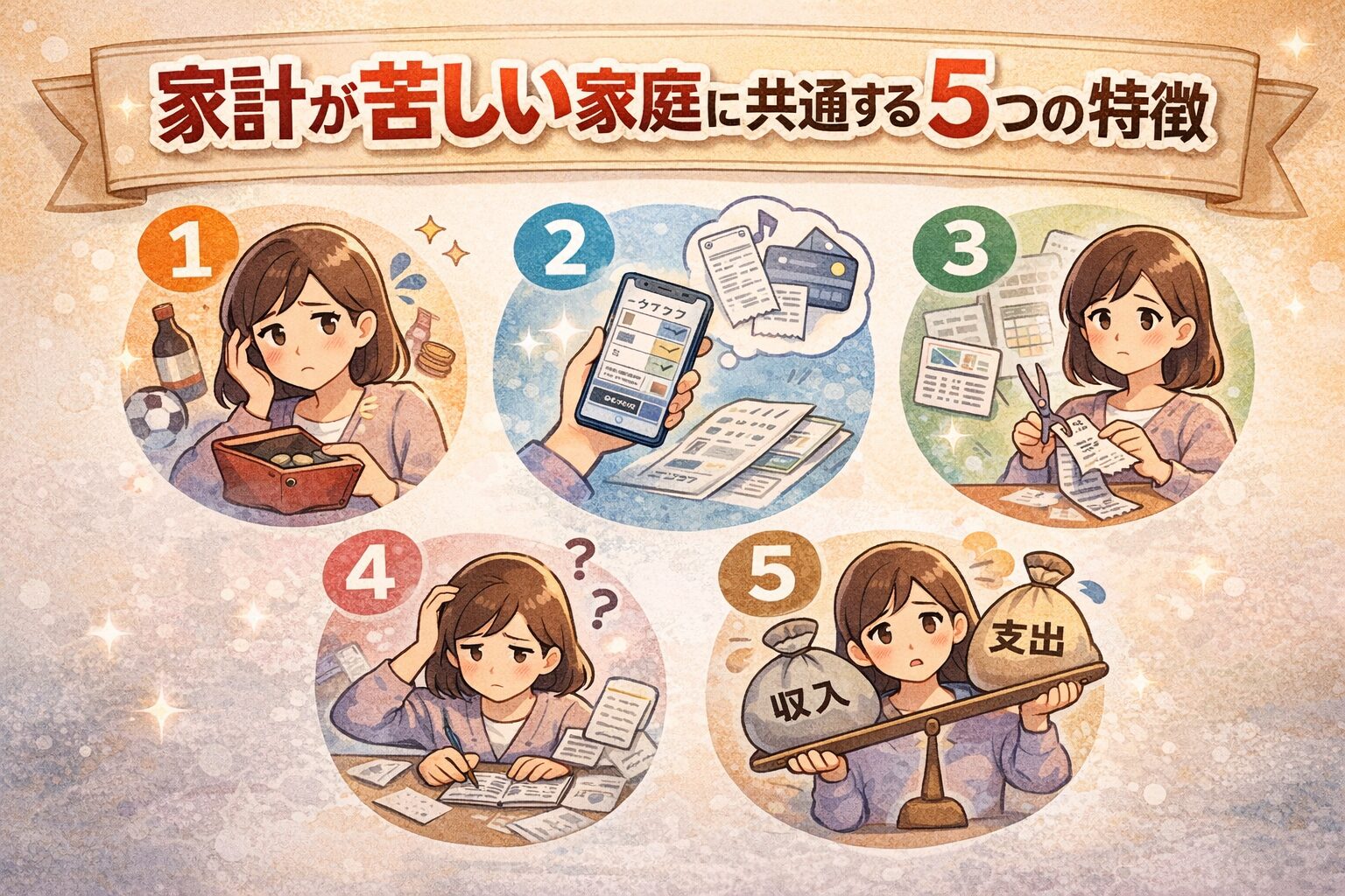 家計が苦しい家庭に共通する特徴を主婦の視点でイラスト化した図