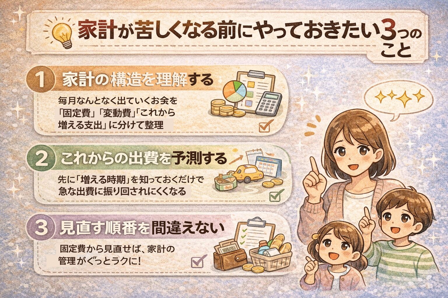 家計が苦しくなる前にやっておきたい3つのことを、家計の構造把握・出費予測・見直し順番の観点でまとめた図解