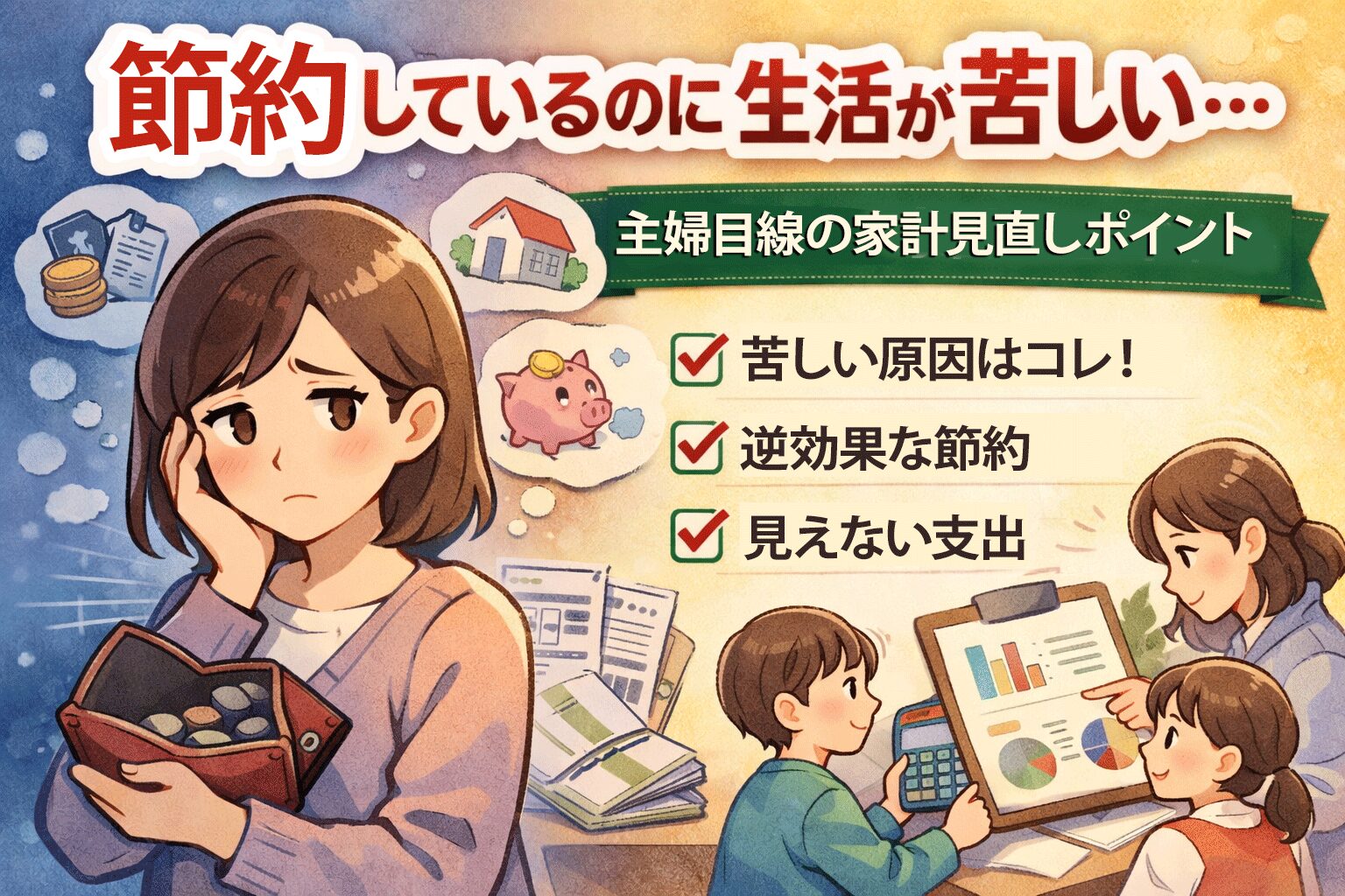家計見直しで悩む主婦と、家計が苦しい家庭に共通する原因と解決策をイラストで解説した図