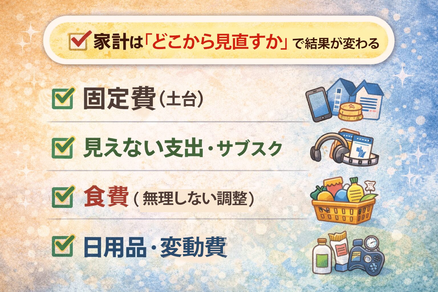 家計見直しをどこから始めるかをステップ順に整理した主婦向け家計改善ガイドの図解