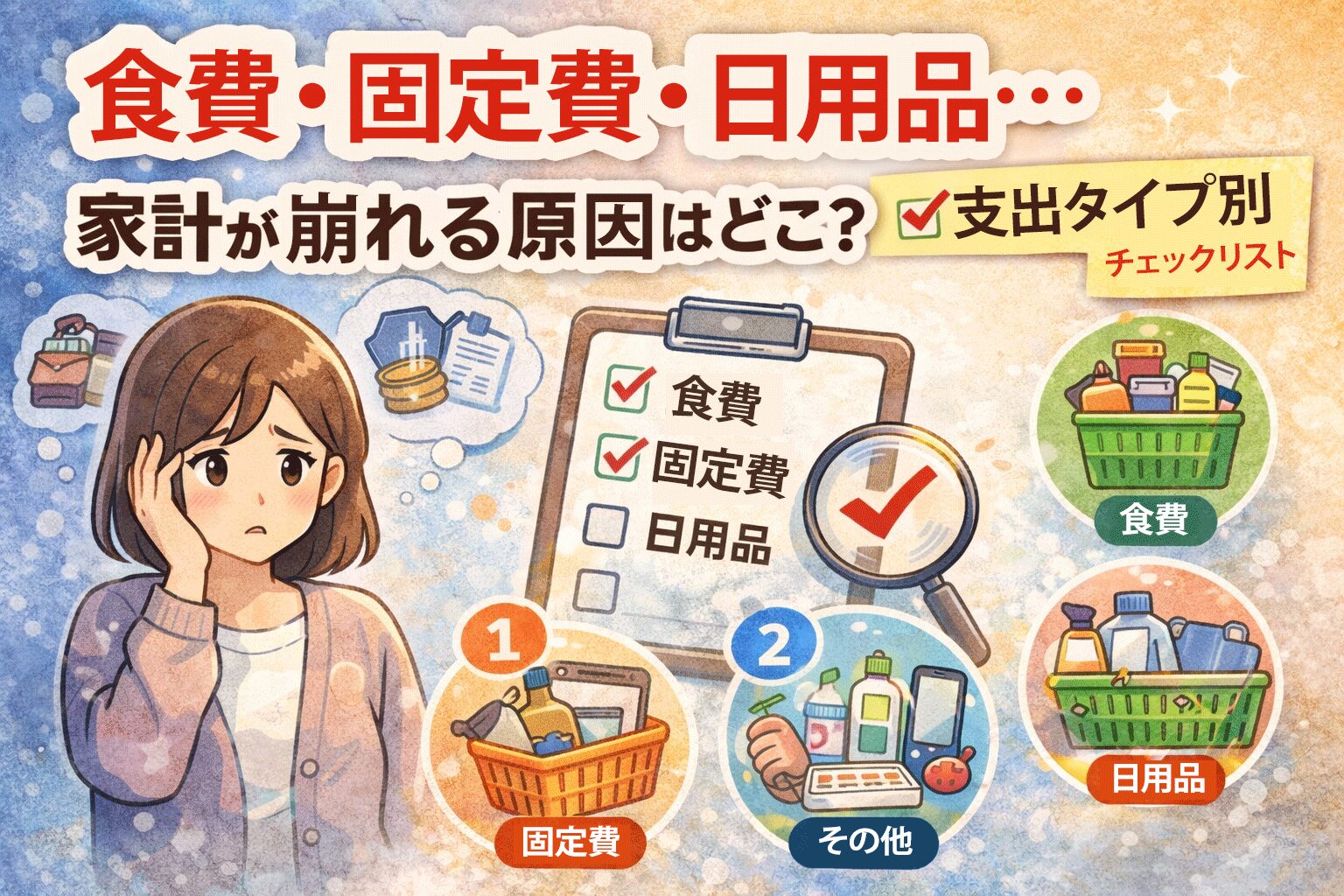 食費・固定費・日用品など家計が崩れる原因を支出タイプ別にチェックできる家計見直しイラスト