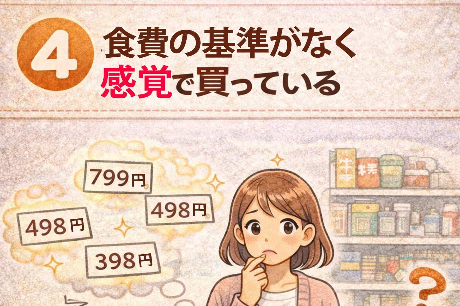 直感や感覚で食材を選び、何を買うか迷ってしまう食費の買い物シーンを表したイラスト