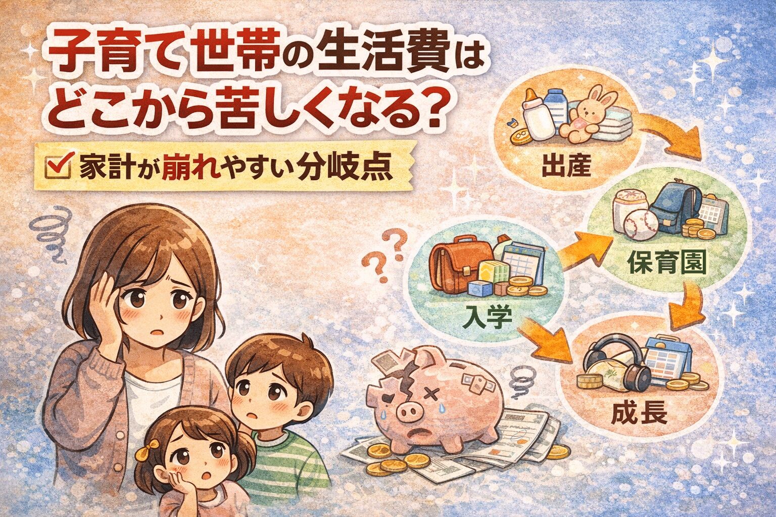 子育て世代が感じやすい家計の悩みや生活費への不安を表したイラスト