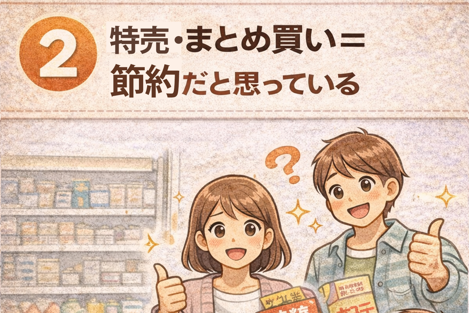 特売やまとめ買いを節約だと思い込み、必要以上に商品を買ってしまう子育て世帯の様子を表したイラスト