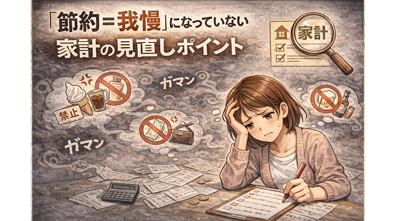 節約が我慢になっている家計を見直すポイントをイメージした主婦のイラスト