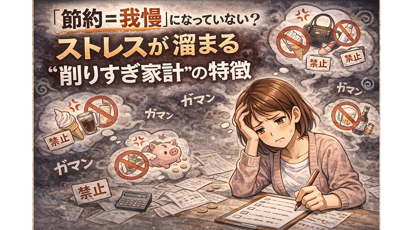 節約が我慢になりストレスを感じている主婦と削りすぎ家計のイメージイラスト